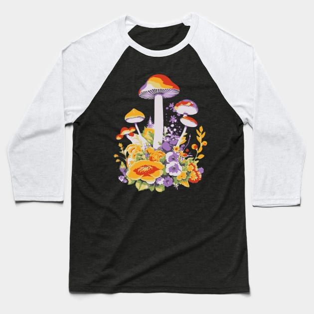 Cottagecore Mushrooms And Flowers Baseball T-Shirt by Norse Magic